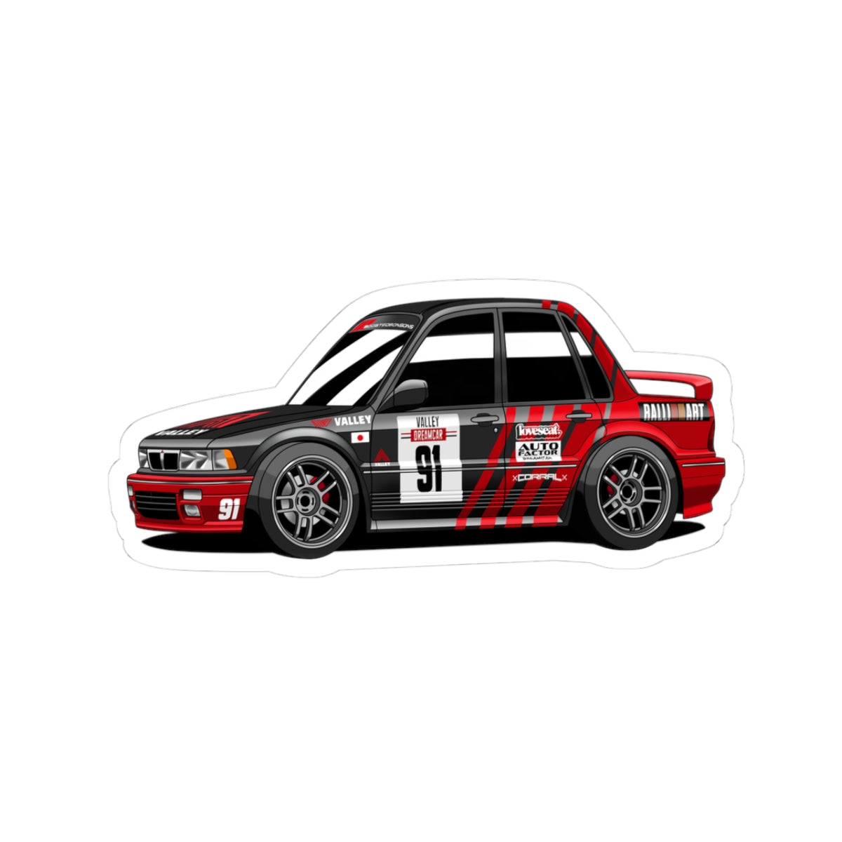 Valley's Rally Galant Vr4 Sticker — Red/Black Retro Rally Car Kiss-Cut Decal (Number 91)