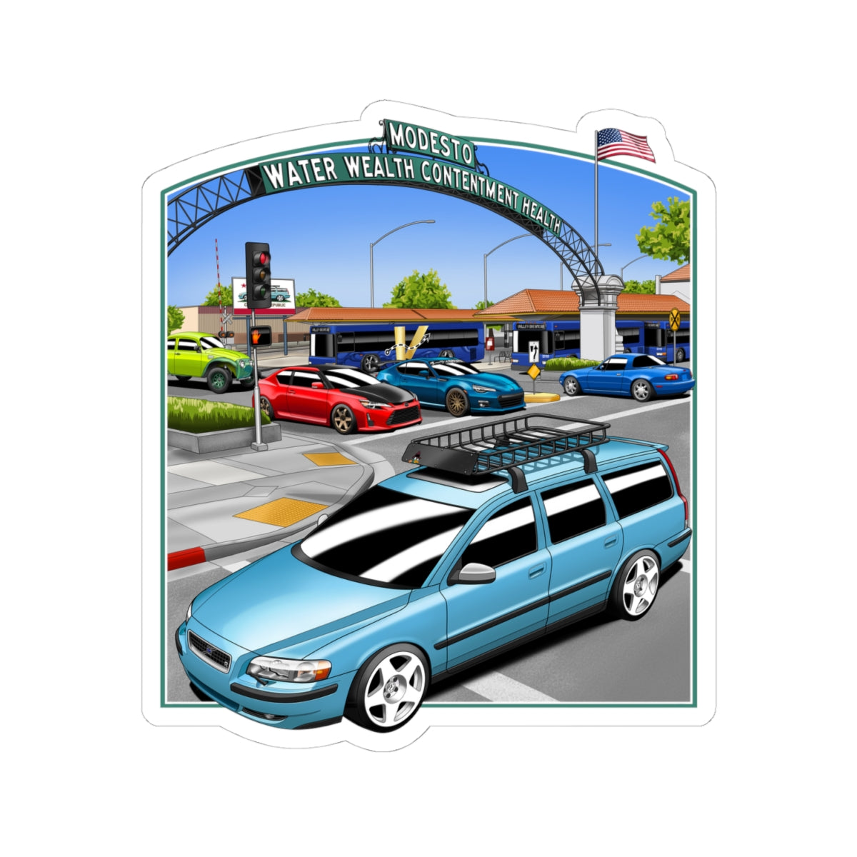 Downtown Modesto Arch Sticker — Kiss-Cut VDC Cruising Downtown